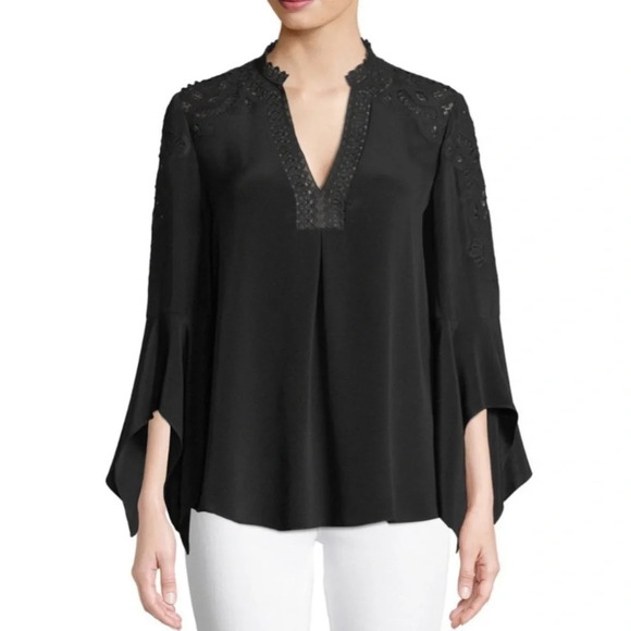 KOBI HALPERIN | Jessa Long Sleeve V Neck Silk Blouse‎ Top Black Career Small - Picture 1 of 4